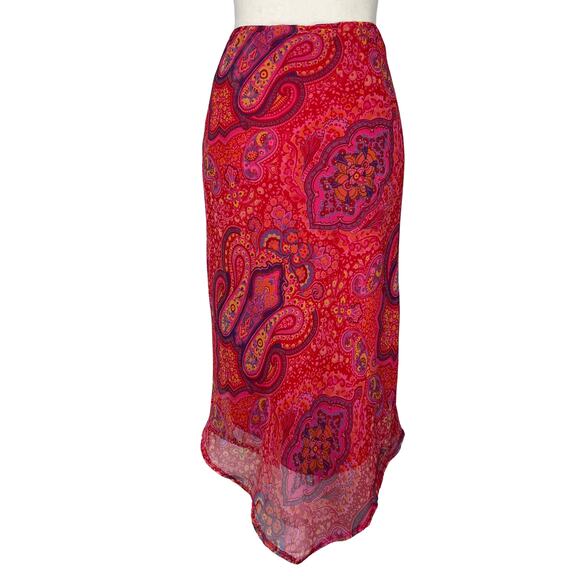 Y2K Boho Paisley Sheer Midi Skirt Red Pink Festival Retro Hippie Size 6 - Picture 3 of 5